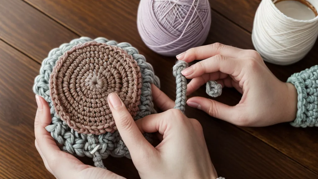 Manos sujetando el hilo de crochet con tensión relajada sobre el dedo corazón, técnica para amigurumis principiantes