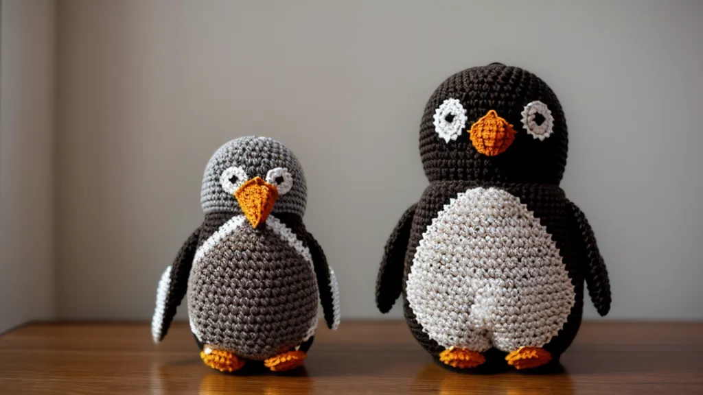 Amigurumi de pingüino desgastado con pelusas debido al uso de hilo acrílico de baja calidad.