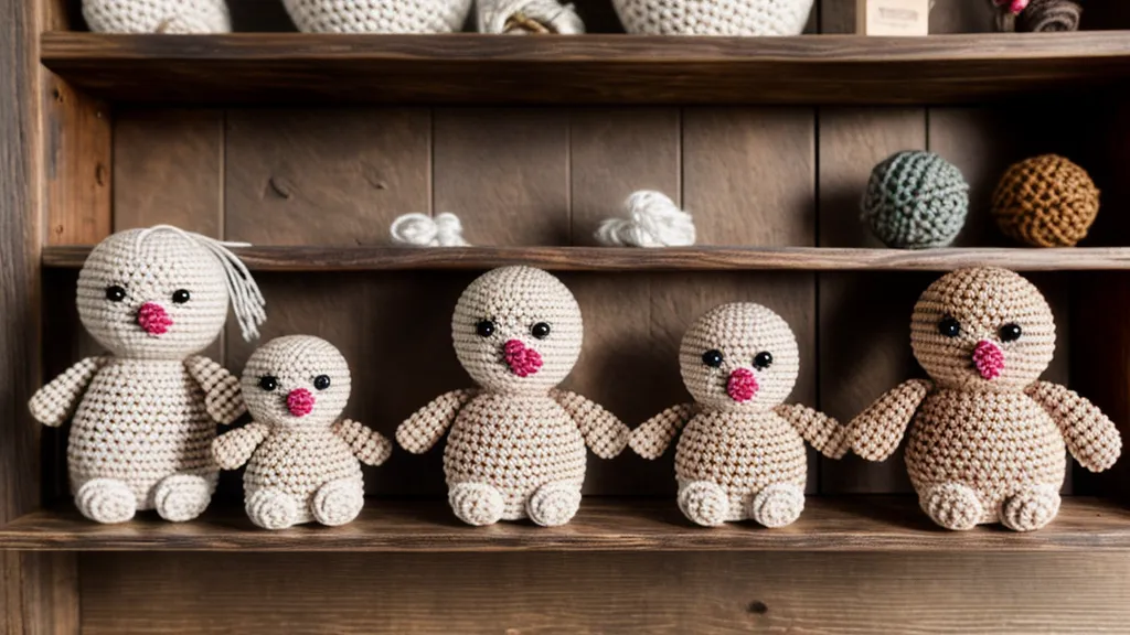 Estantería con amigurumis hechos a mano mostrando diferentes niveles de éxito y materiales.