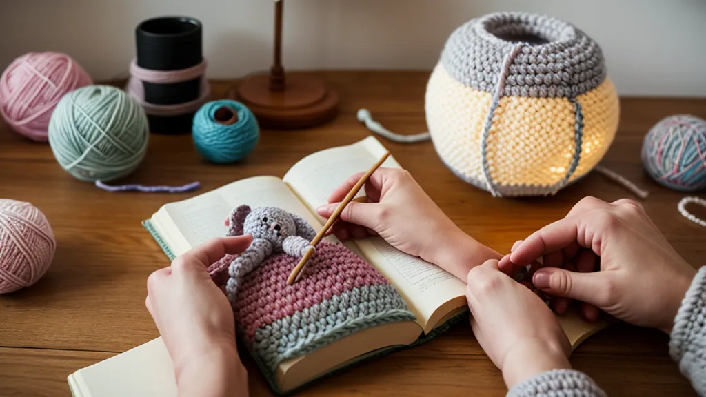 Libro de patrones de crochet y curso de amigurumis abiertos sobre la mesa de práctica