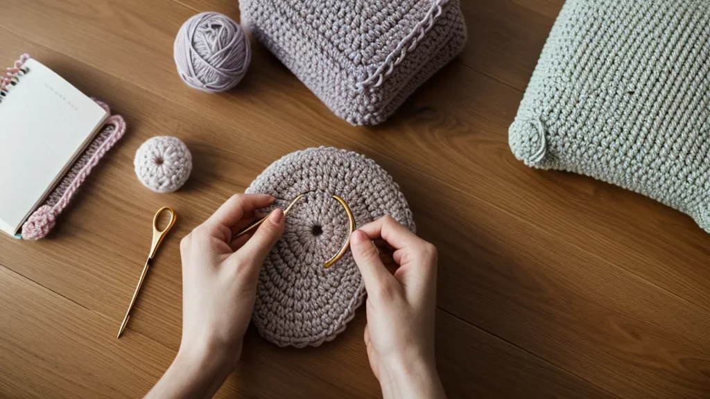 Tablet mostrando curso de crochet rodeada de ovillos de lana pastel.