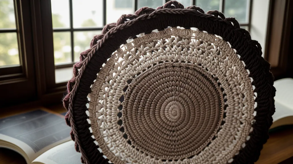 Pieza de crochet con errores de relieve y tensión enrollada sobre una mesa.