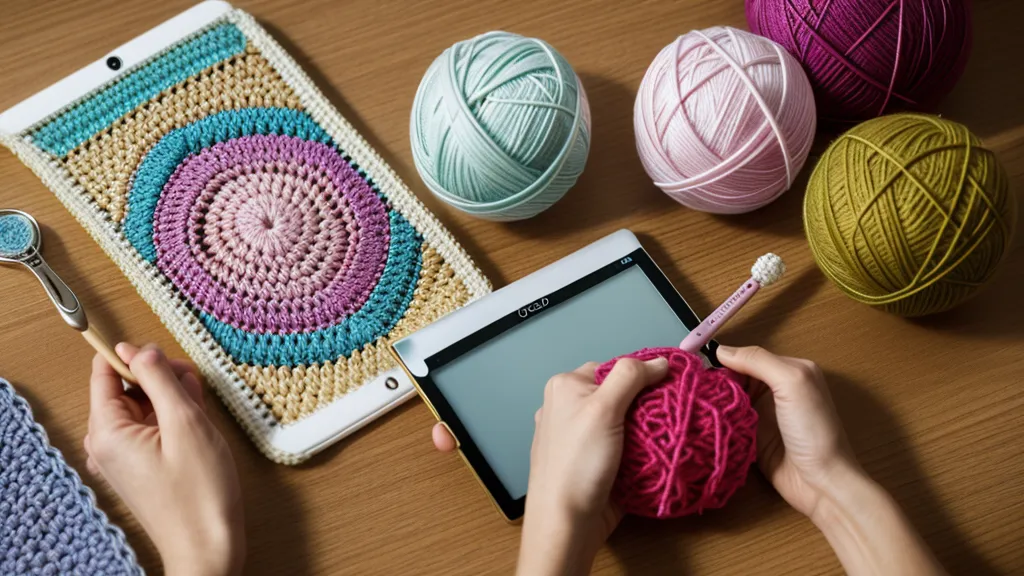 Tableta con curso de crochet online junto a materiales de tejido en ambiente acogedor.