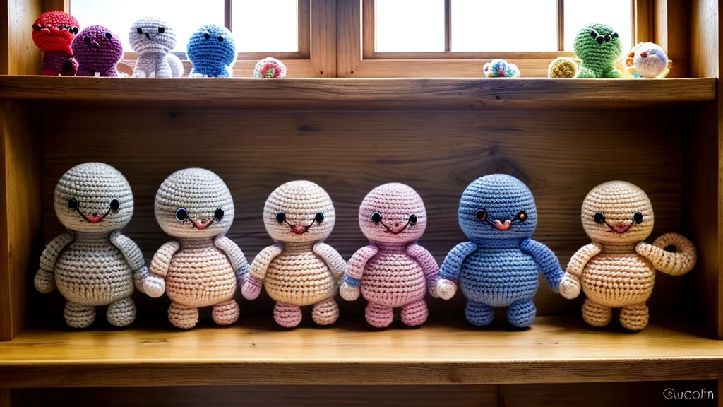 Amigurumis terminados con diferentes texturas de relieve expuestos en un estante de madera.